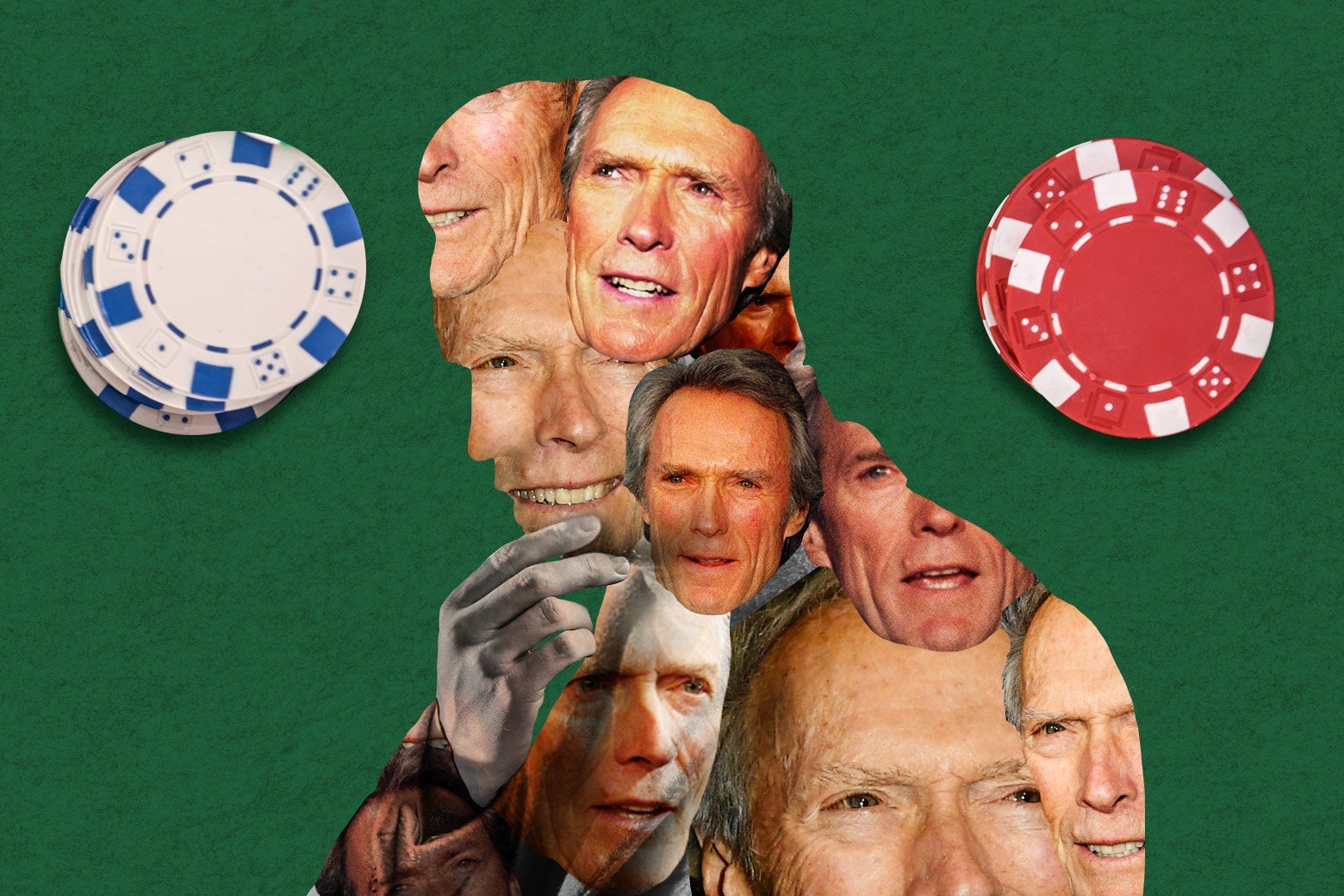 Photos of Clint Eastwood inside a silhouette of a thinking man with poker chips surrounding the image on a poker table.