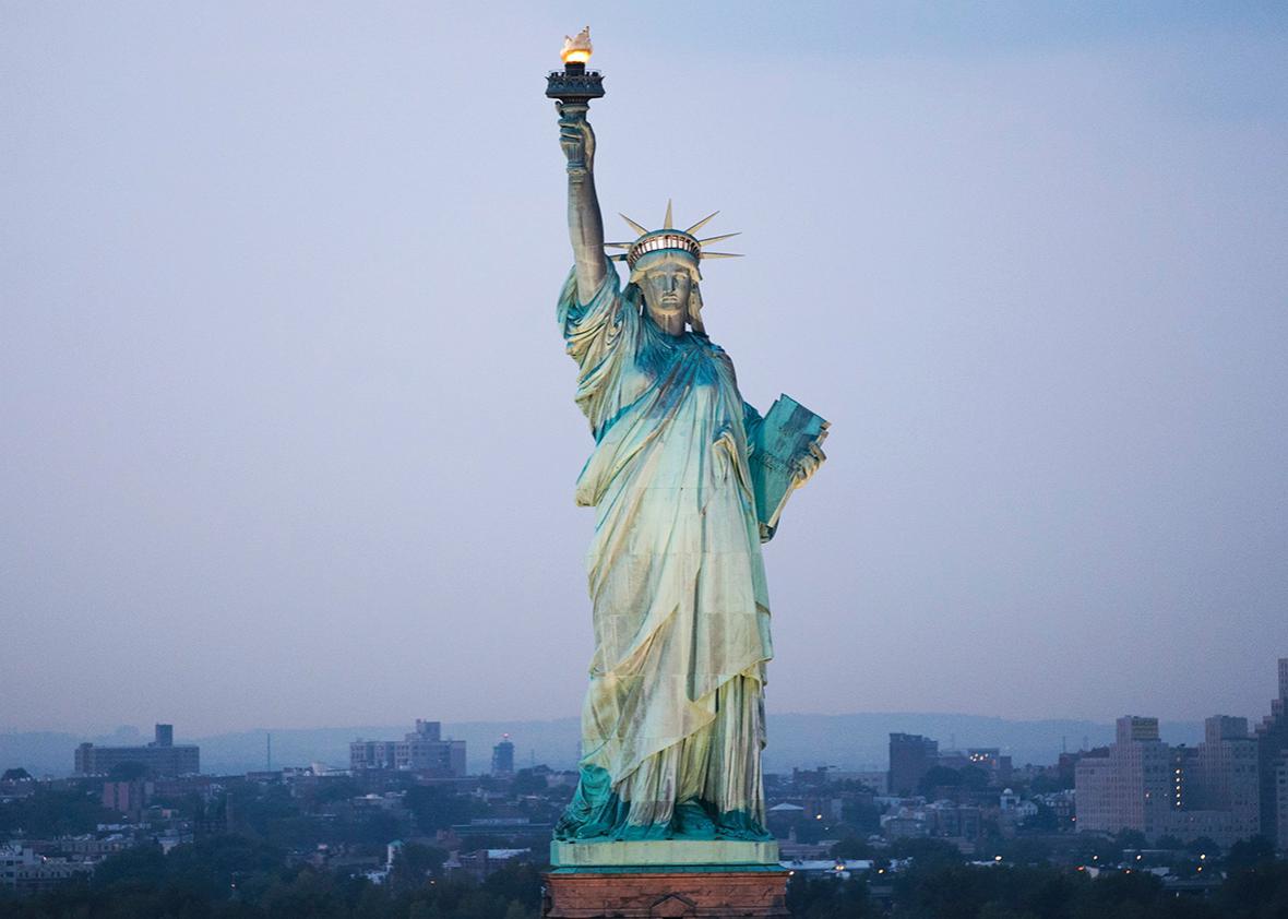 An aerial view of the Statue of Liberty, September 8, 2016 in New York City.