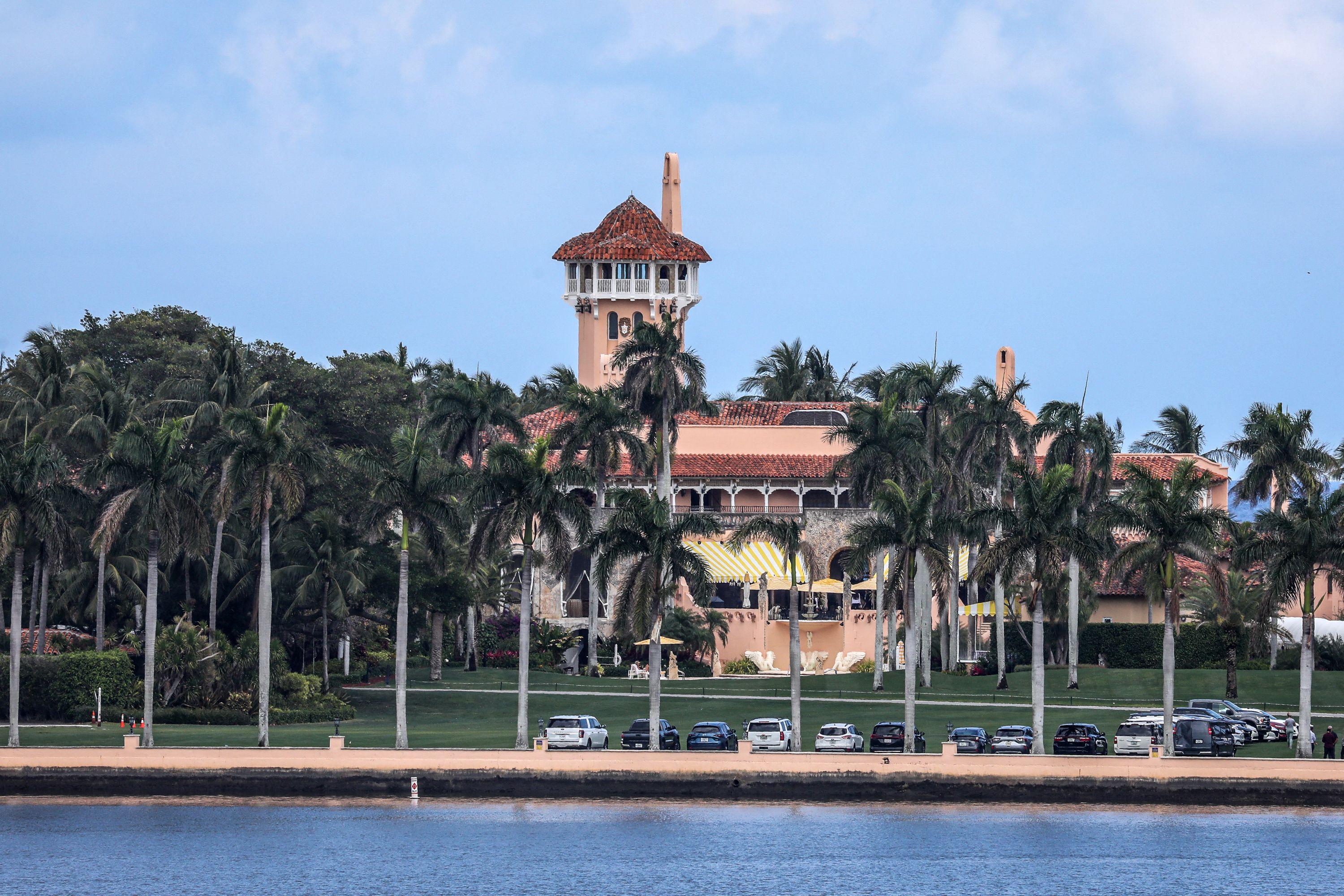 Palm trees line a water view of Mar-a-Lago.