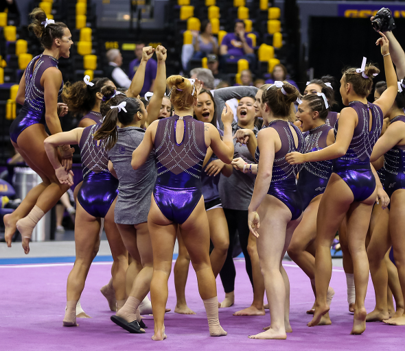 The LSU Tigers get pumped up for their meet against the Oklahoma Sooners at the Pete Maravich Assembly Center in Baton Rouge, Louisiana, on Jan. 9, 2016.