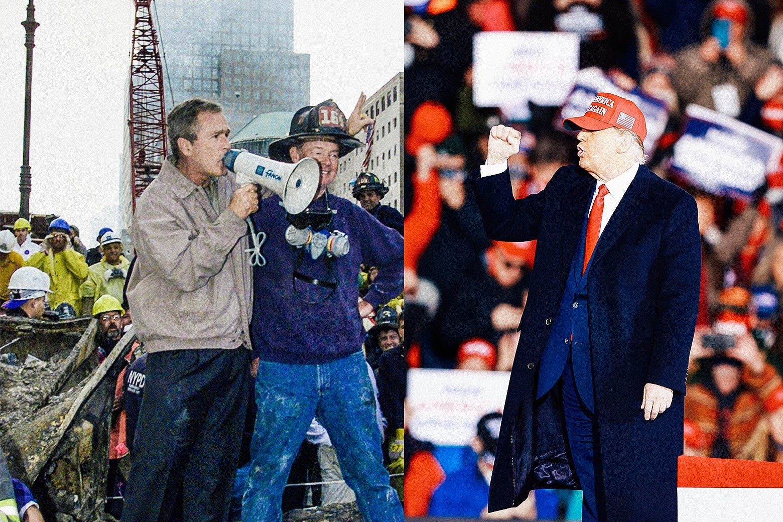Left: Bush speaking through a megaphone, surrounded by WTC wreckage and emergency responders. Right: Trump pumping his fist, with a crowd in the background.