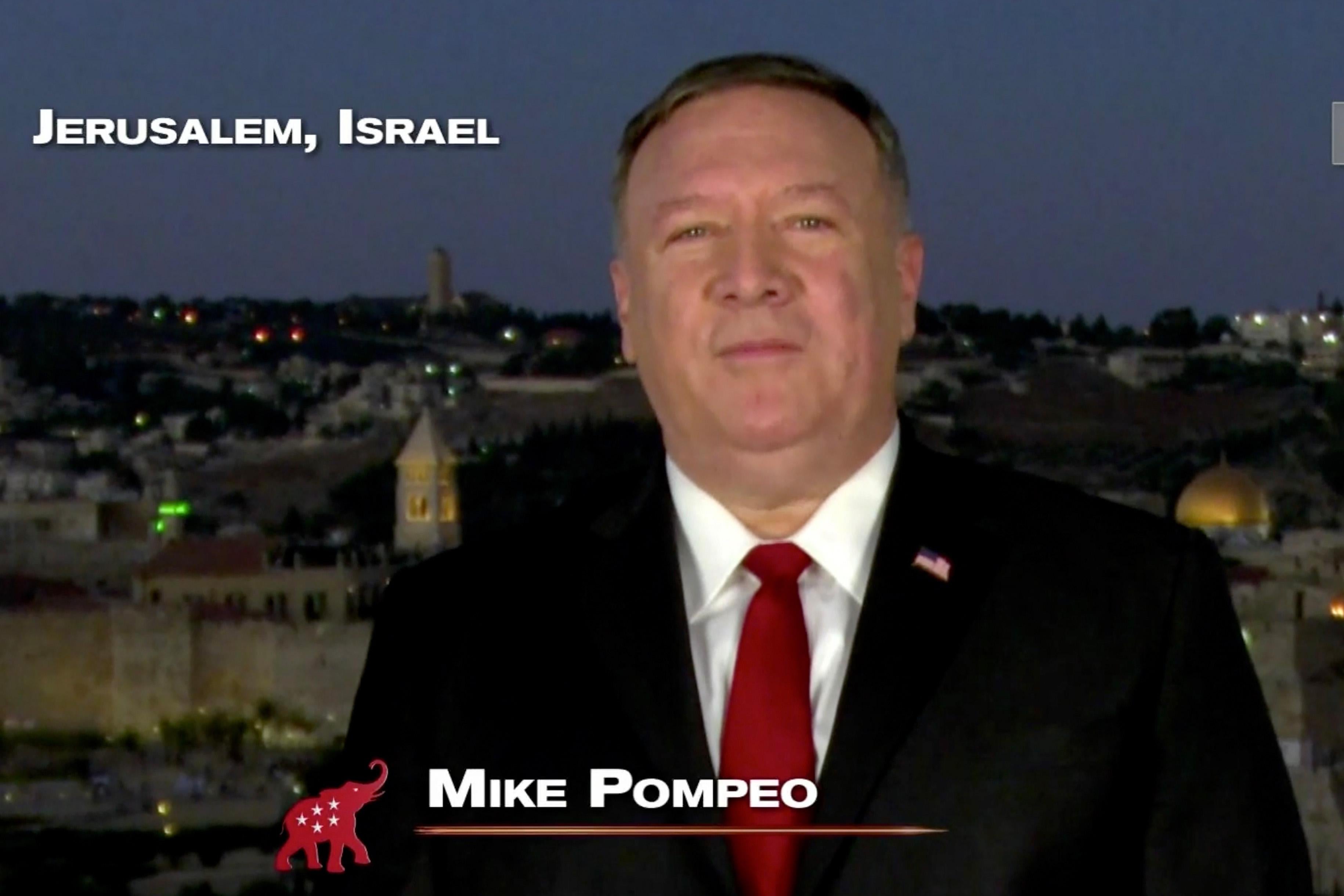 Screenshot of Pompeo speaking from Jerusalem during the 2020 Republican National Convention livestream