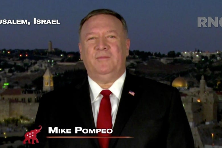Screenshot of Pompeo speaking from Jerusalem during the 2020 Republican National Convention livestream