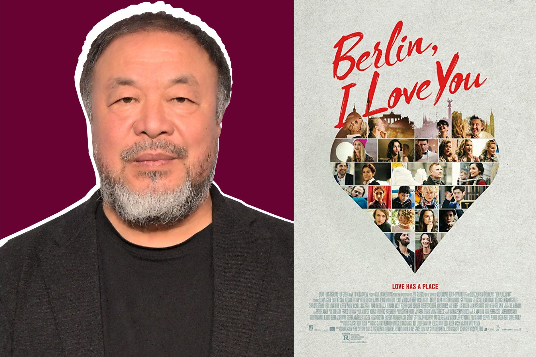 Side-by-side photos of Ai Weiwei and the poster for Berlin, I Love You.