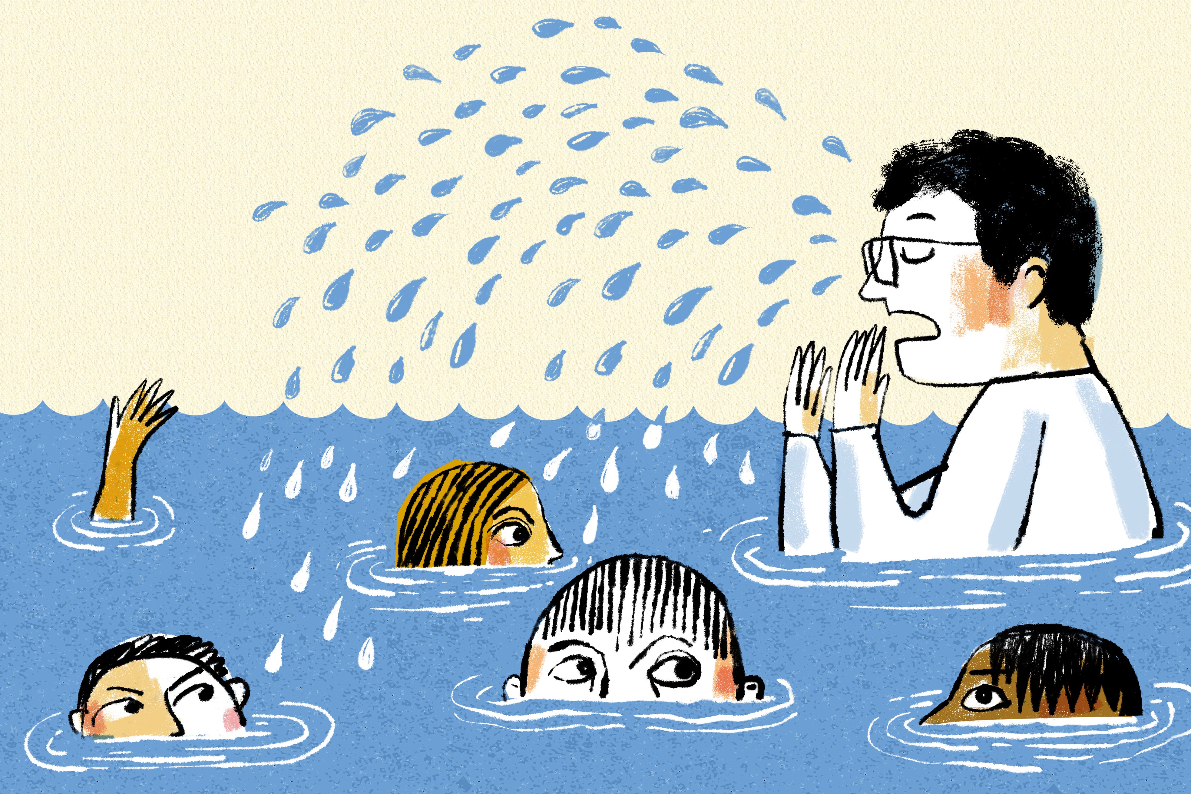 An illustration of a man crying so much that the people surrounding him are up to their eyes in water.