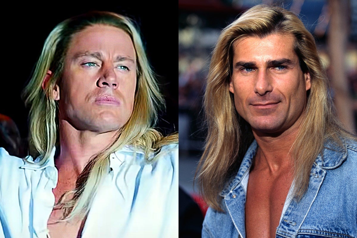 On the left, Channing Tatum in a long blonde wig, his eyes azure, his white buttondown open, his jaw chiseled. On the right, Fabio, his mane golden, his eyes azure, his jean jacket open, his gaze directly at you.