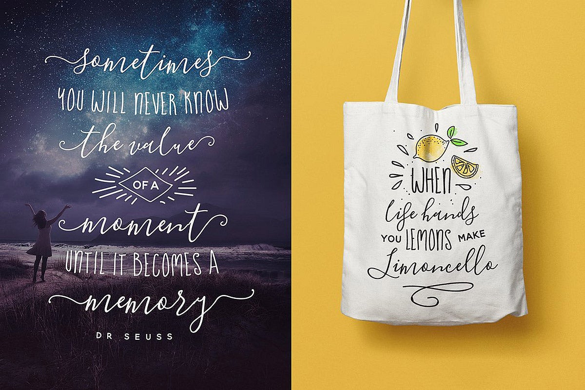 Deux exemples de Blooming Elegant utilisés sur des produits, en l'occurrence une affiche et un sac.