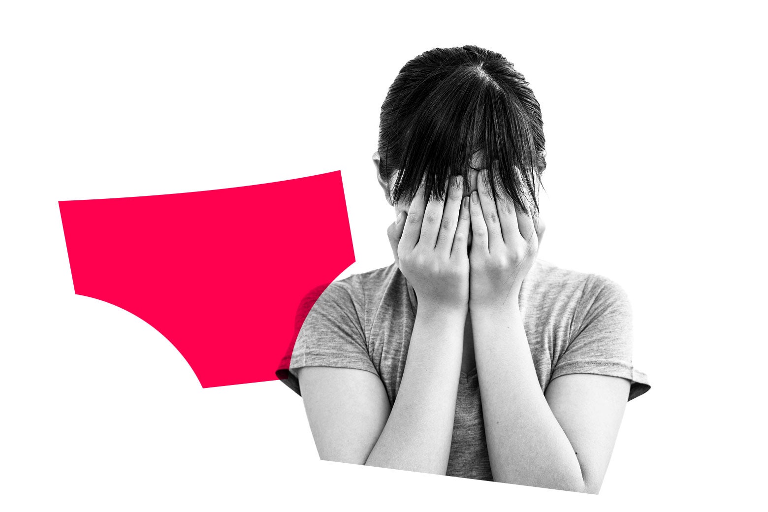 A graphic of underwear, and a woman covering her face.