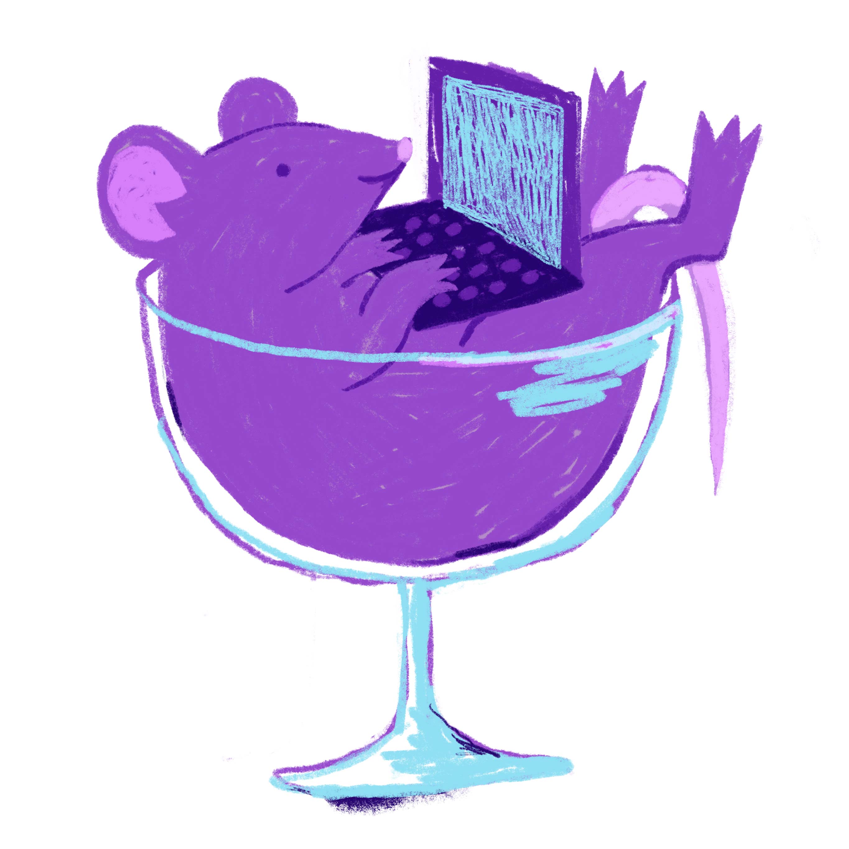 A purple rat types on a laptop in a wine glass.