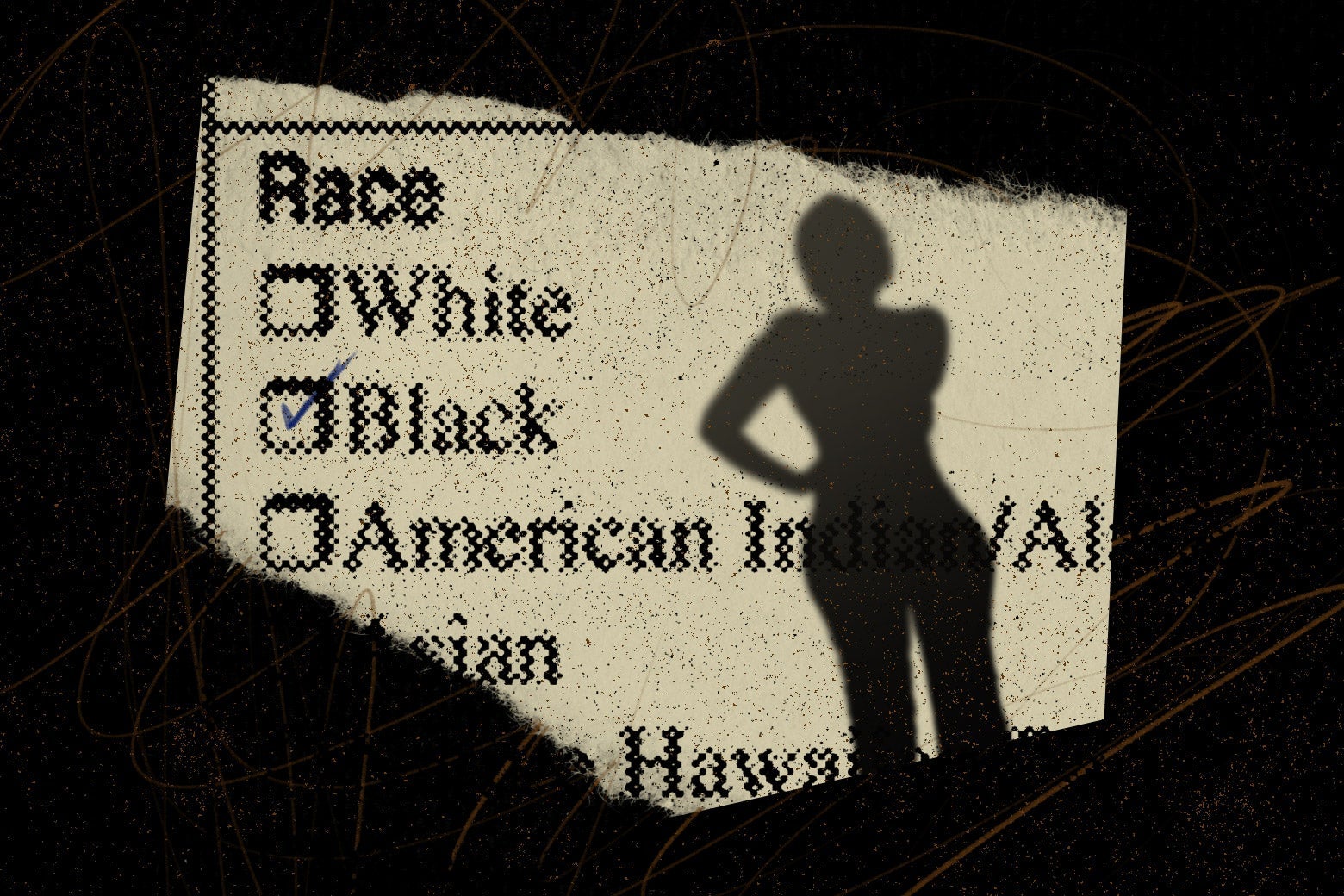 A silhouette of a woman on top of a form asking for the respondent's race.