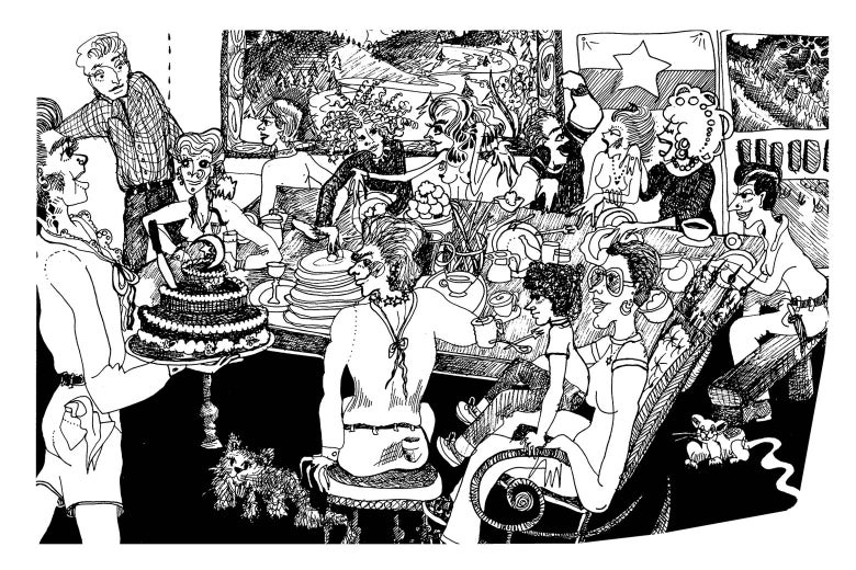 An illustration of a lavish dinner party with queer personalities.