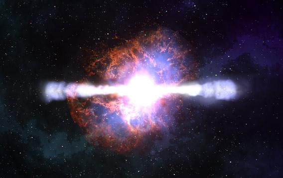 Artist drawing of a gamma-ray burst, a cosmic explosion announcing the birth of a black hole.