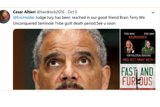 A tweet threatening Eric Holder