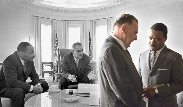 Martin Luther King, Jr., and Lyndon B. Johnson, left; David Oyelowo as MLK, and Tom Wilkinson as LBJ in Selma.