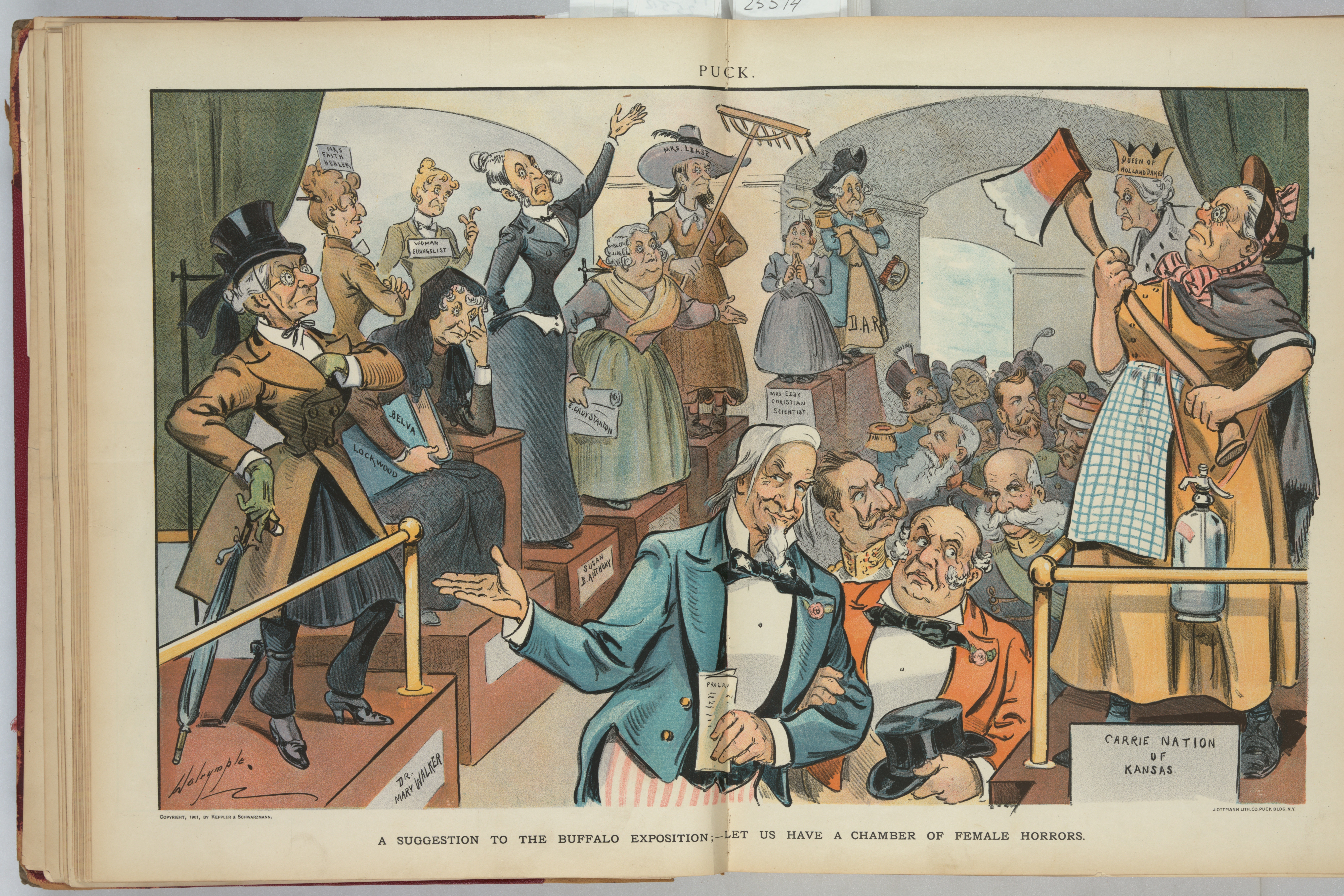 Cartoon depicting female suffragists and activists as exhibits at the Buffalo Exposition of 1901
