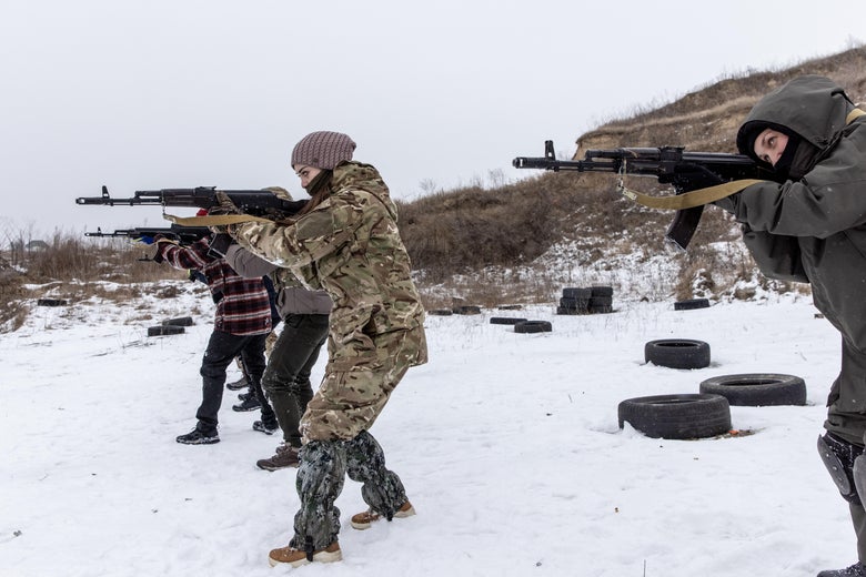 Civilians participate in a Territorial Defence unit training session on February 05, 2022 in Obukhiv, Ukraine.