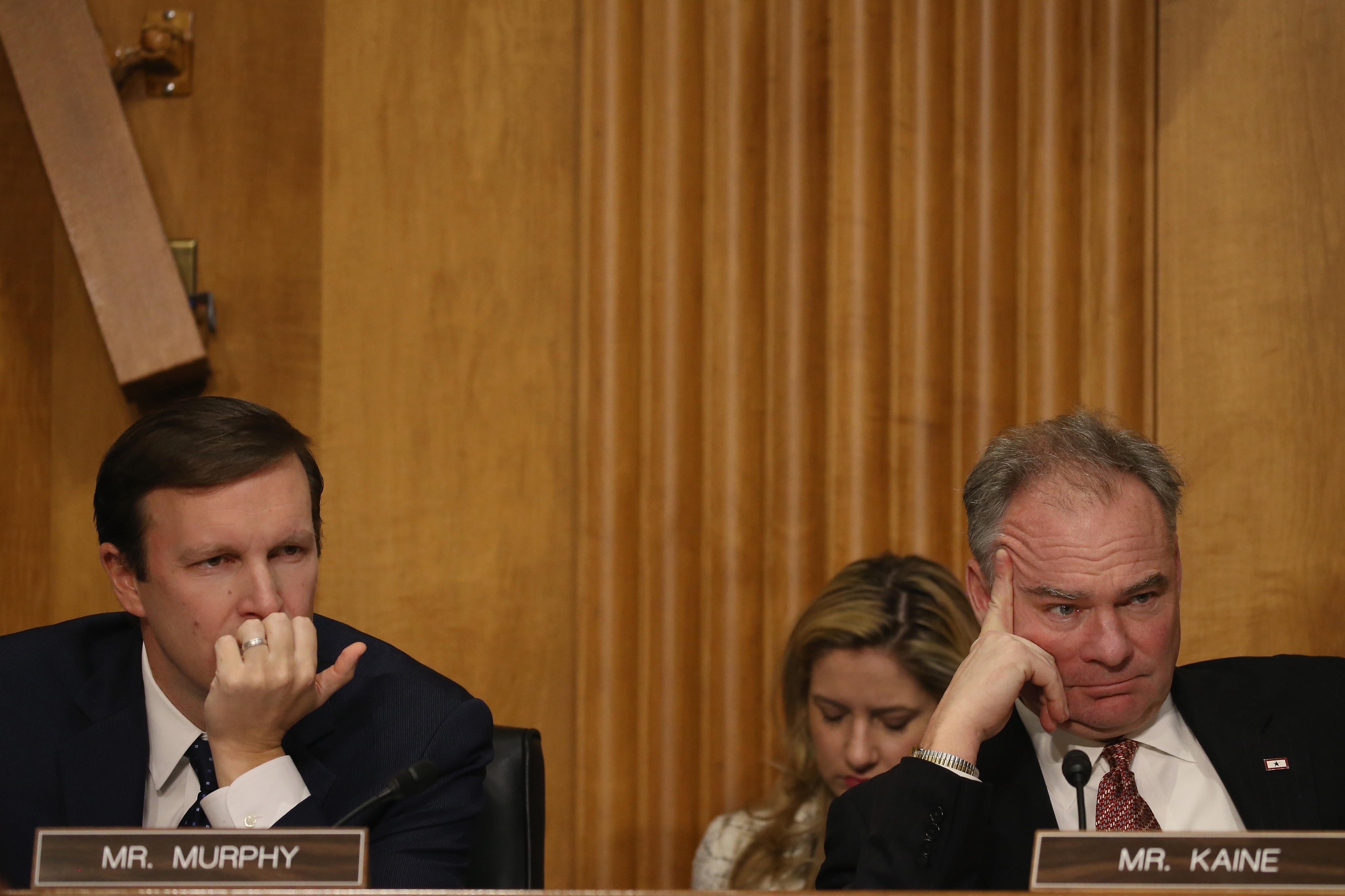Sen. Christopher Murphy and Sen. Tim Kaine participate in a Senate Foreign relations Committee hearing on Capitol Hill, March 10, 2015 in Washington, DC. 