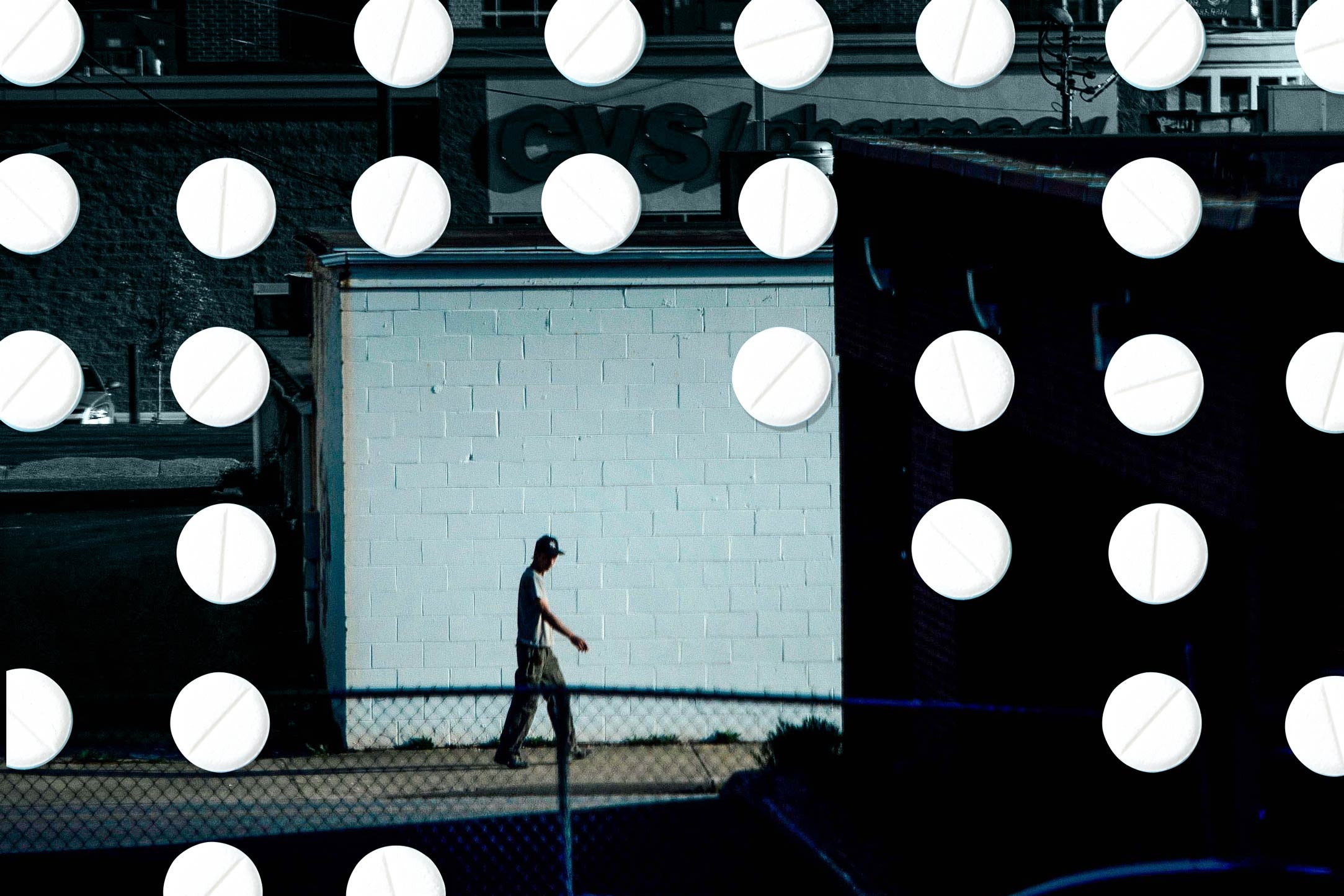 Photo illustration: A man walking alone down an alley in Huntington, WV, with pills superimposed.