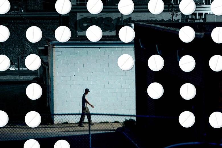 Photo illustration: A man walking alone down an alley in Huntington, WV, with pills superimposed.