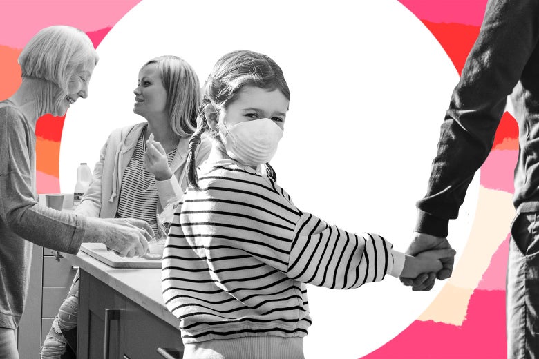 Father leading his masked daughter away from two maskless women chatting and eating