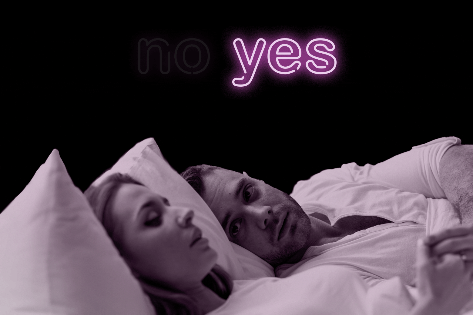 Man and woman in bed, with neon signs above them flashing YES and NO.