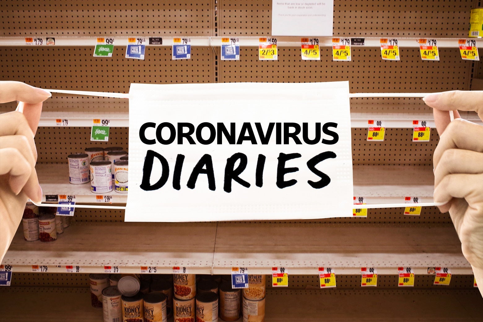 Near empty shelves for canned goods are seen in a supermarket in Washington, DC on March 20, 2020 with a photo illustrated coronavirus mask over the image of the shelves. 