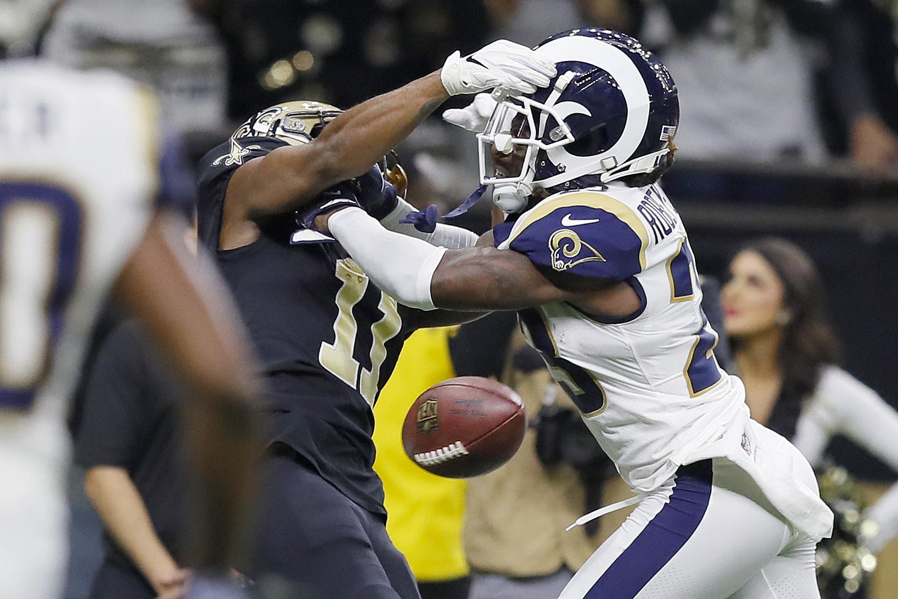 NEW ORLEANS, LOUISIANA - JANUARY 20: Tommylee Lewis #11 of the New Orleans Saints drops a pass broken up by Nickell Robey-Coleman #23 of the Los Angeles Rams during the fourth quarter in the NFC Championship game at the Mercedes-Benz Superdome on January 20, 2019 in New Orleans, Louisiana. (Photo by Kevin C.  Cox/Getty Images)