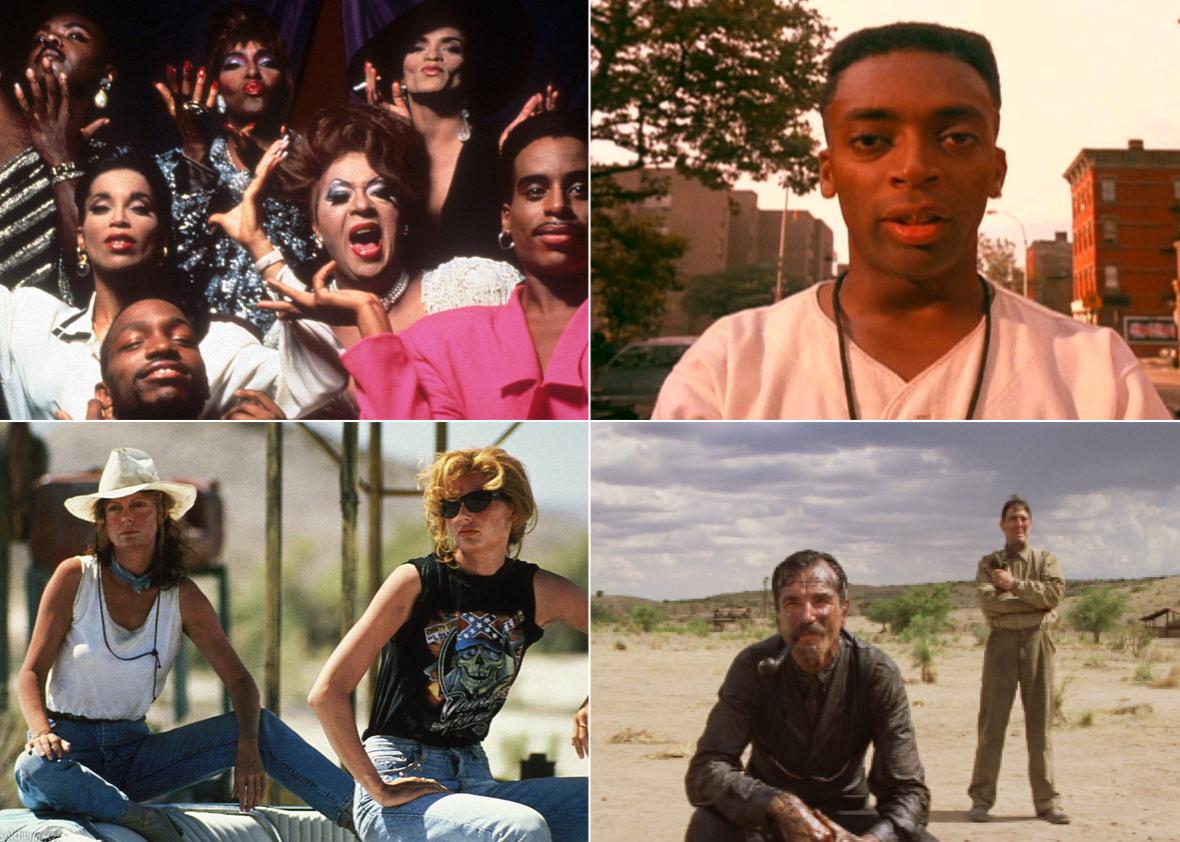 Clockwise from L to R: stills from Paris Is Burning, Do the Right Thing, Thelma and Louise, and There Will Be Blood