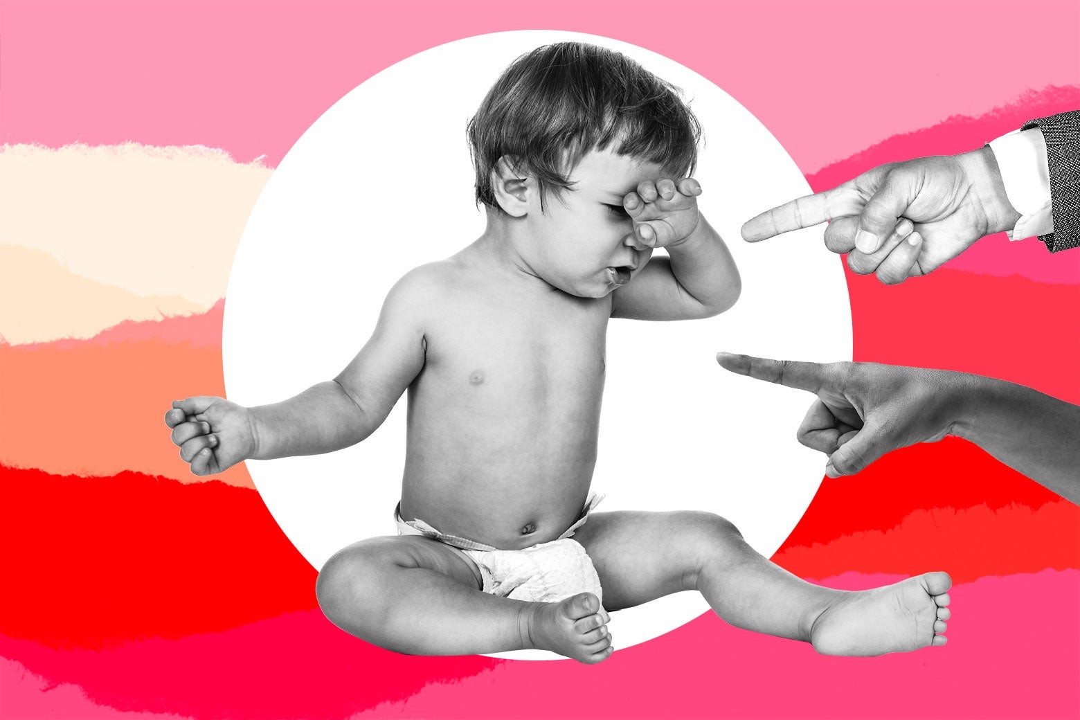 A baby wearing just a diaper, and two hands pointing at him.