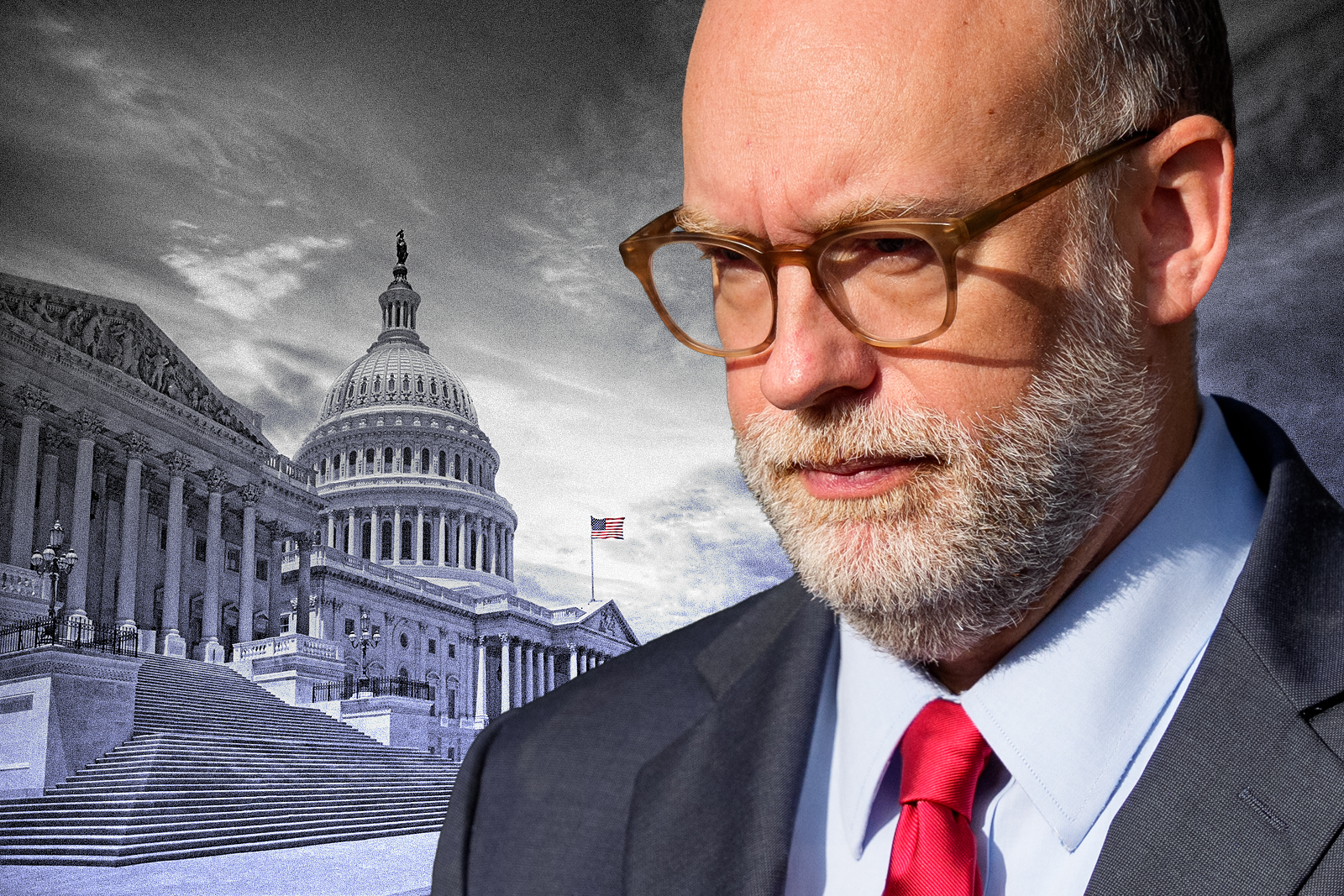 Russell Vought vor einer Illustration des US-Kapitols.