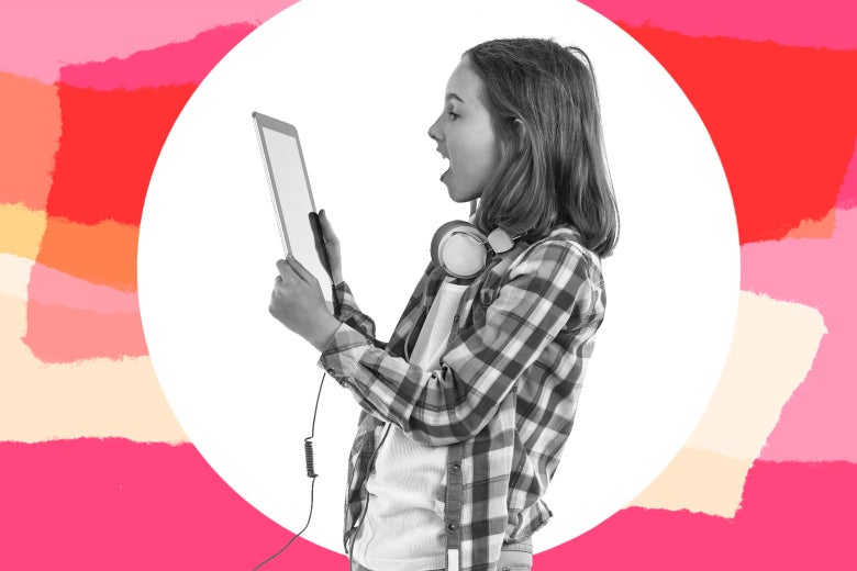A girl wearing headphones and flannel screams while holding a tablet.