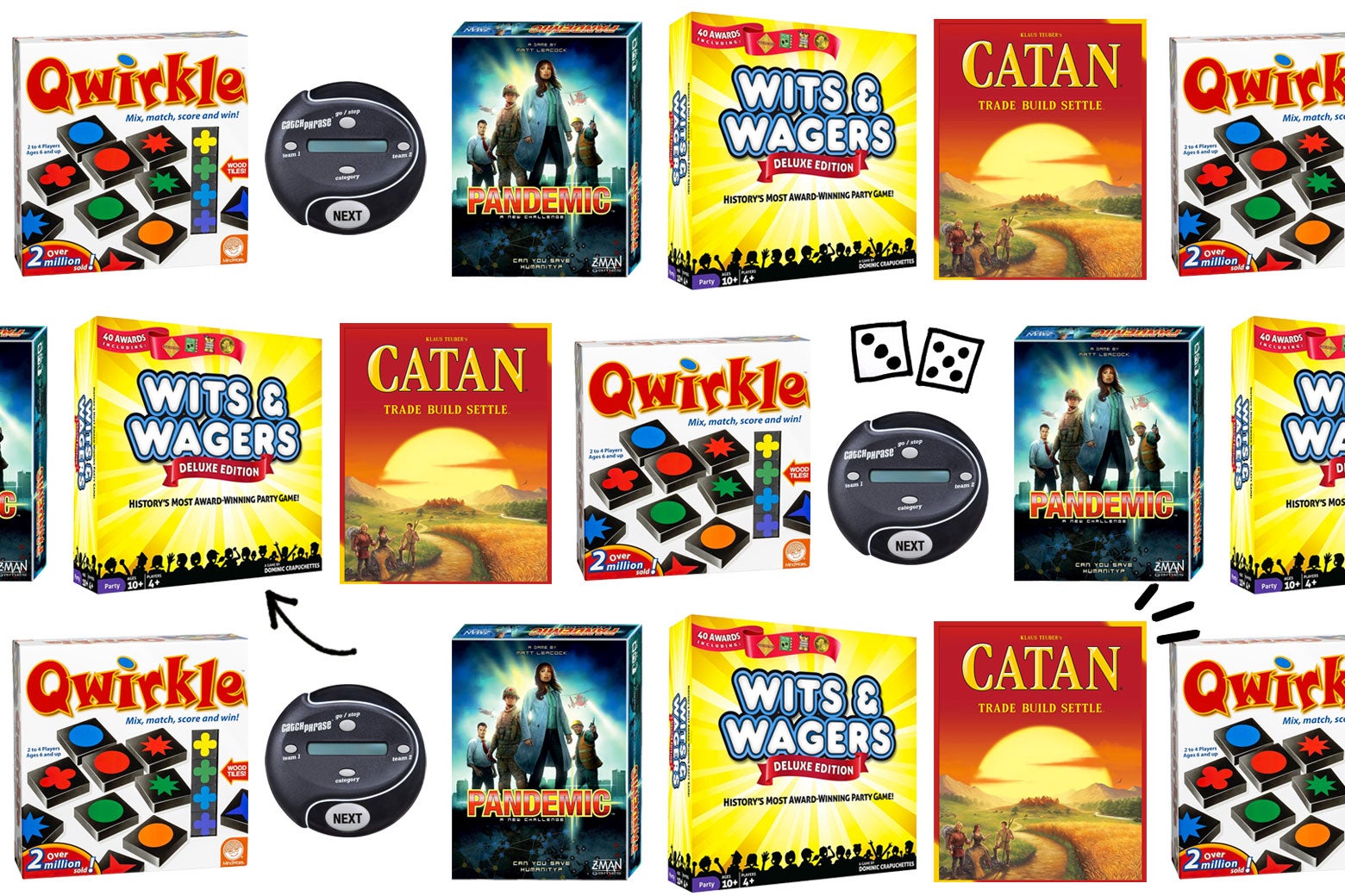 A collage of board game boxes featuring Wits & Wagers, Pandemic, Catch Phrase, and more.