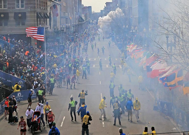 A second explosion goes off near the finish line of the 117th Boston Marathon.
