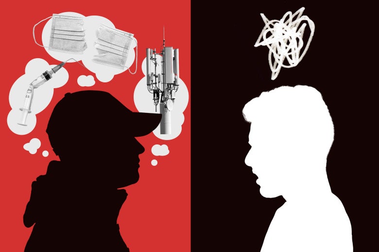 One person in silhouette with thought bubbles containing a broken vaccine syringe, a 5G tower, and a torn mask around their head next to another person in silhouette with a squiggle of anger above their head