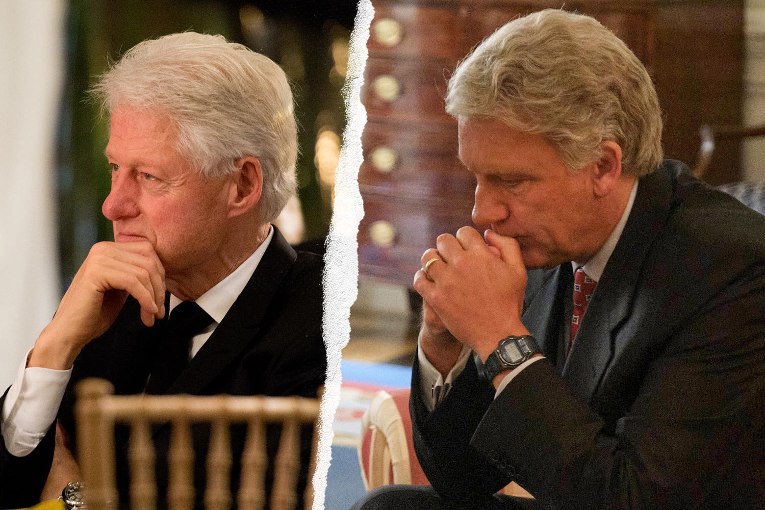 Clinton holds his chin in his hand at an event. Clive Owen, as Clinton, rests his head on his hands. 