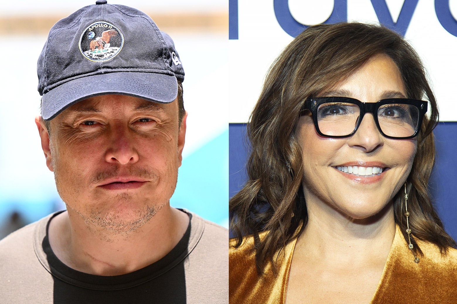 Elon Musk in a baseball cap, and Linda Yaccarino, a woman with brown hair and glasses.