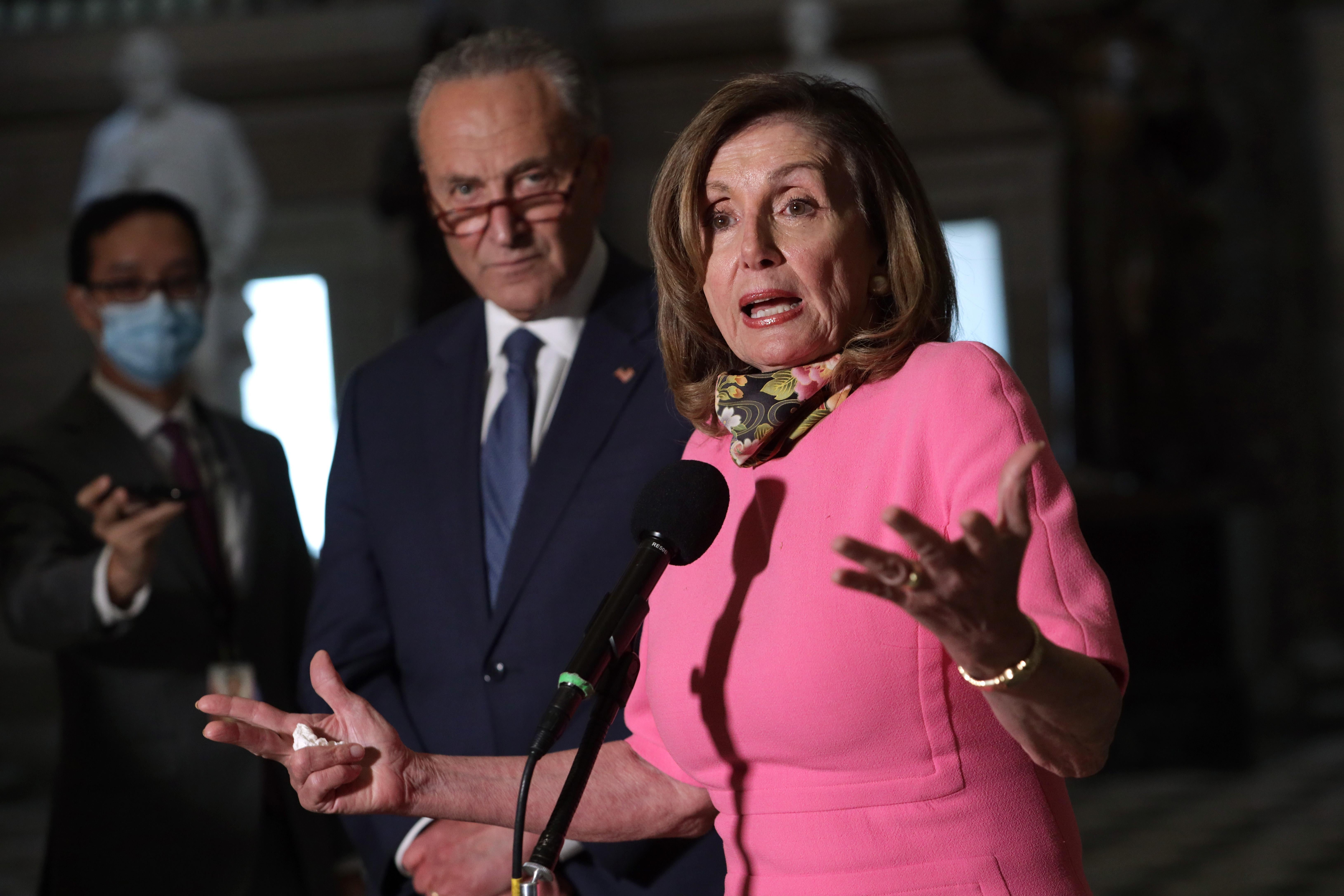 House Speaker Nancy Pelosi and Senate Minority Leader Chuck Schumer speak to the press after a meeting with Treasury Secretary Steven Mnuchin and White House Chief of Staff Mark Meadows at the U.S. Capitol on August 7, 2020 in Washington, DC. 