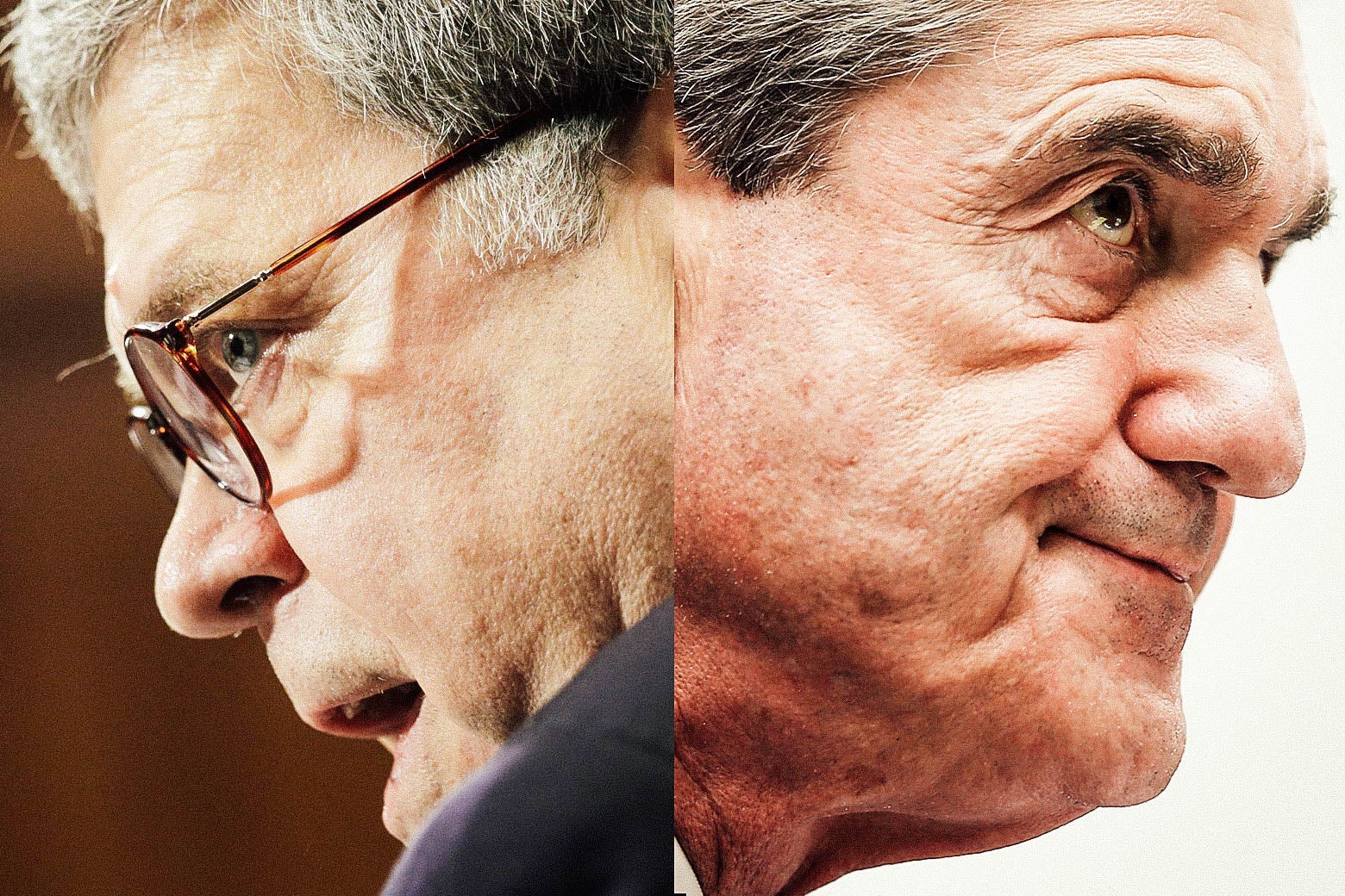 Diptych of Barr and Mueller looking in opposite directions.