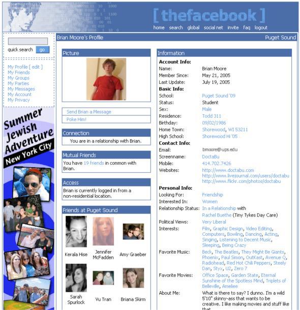 Facebook profile page from 2005
