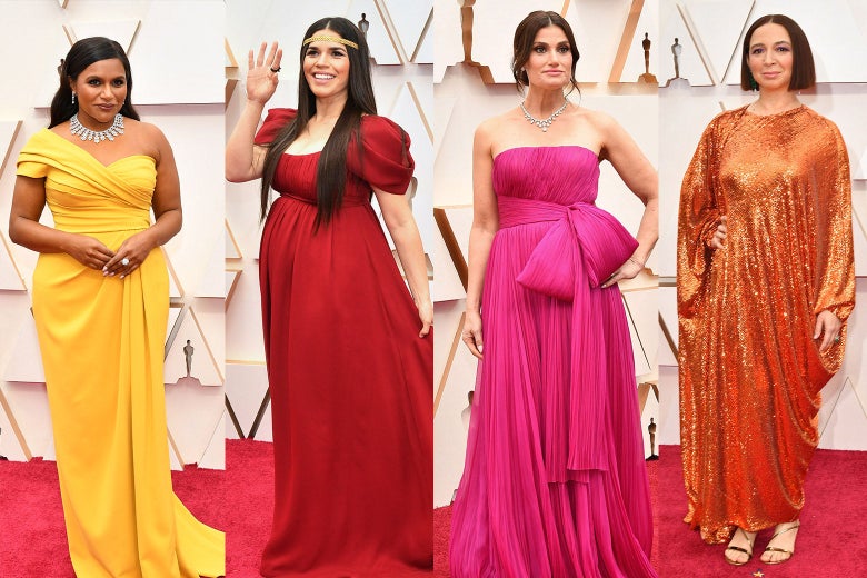 Collage of Mindy Kaling, America Ferrera, Idina Menzel, and Maya Rudolph wearing bright colors on the red carpet at the Oscars.