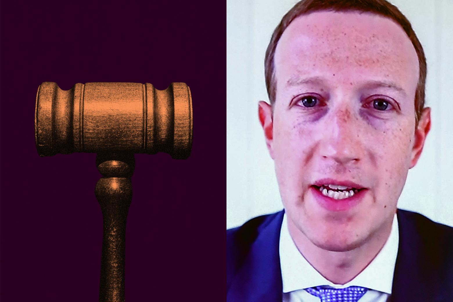 On the left, a gavel; on the right, a close-up of Mark Zuckerberg.