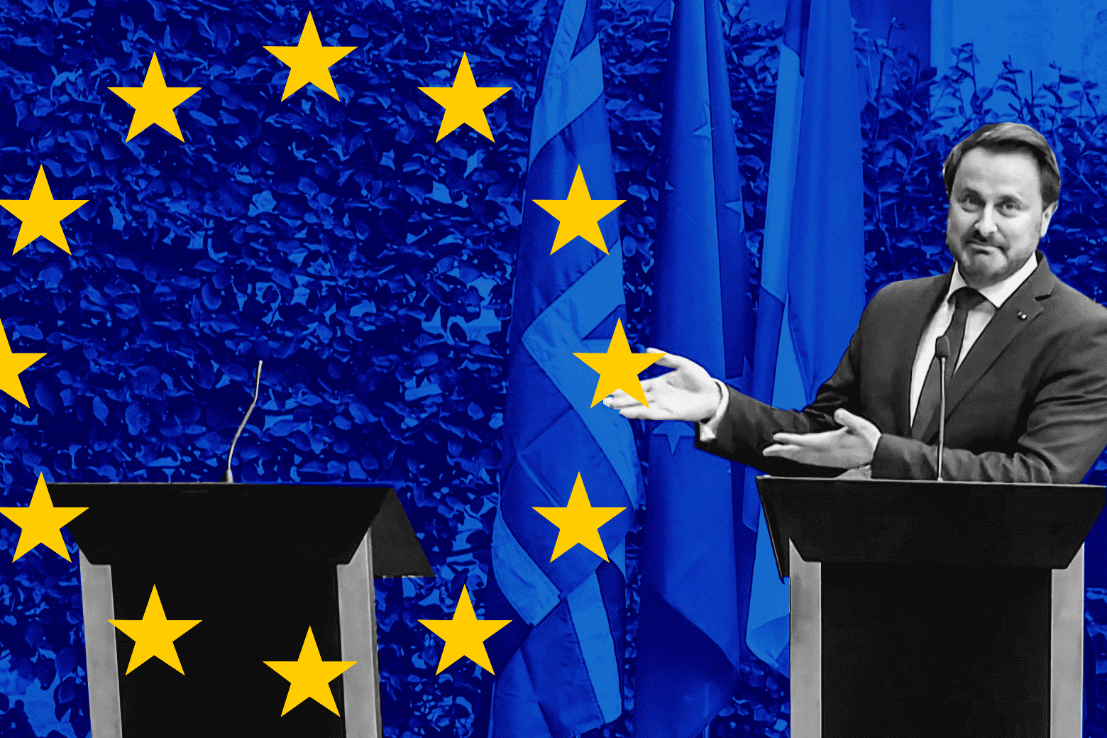 In this video grab taken from AFP TV footage on September 16, 2019, Luxembourg's Prime Minister Xavier Bettel gestures to an empty podium as he speaks to the press after a meeting with the British Prime Minister, EU Commission President and officials in Luxembourg.