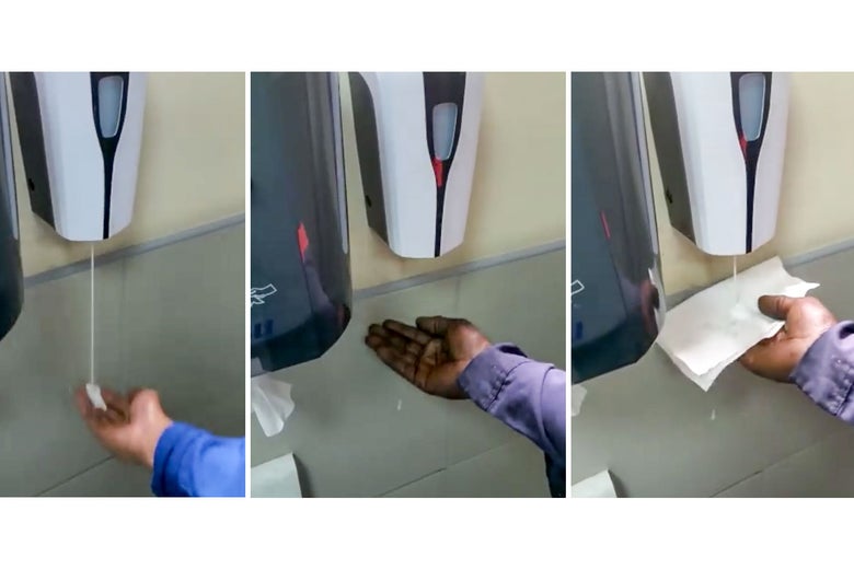 In the first photo, a white man puts his hand under an automatic soap dispenser and easily gets soap. In the second photo, a black man puts his hand under the same dispenser but doesn't get any soap; the sensor can't detect his hand. In the third photo, the black man gets soap from the dispenser by covering his hand with a white paper towel.