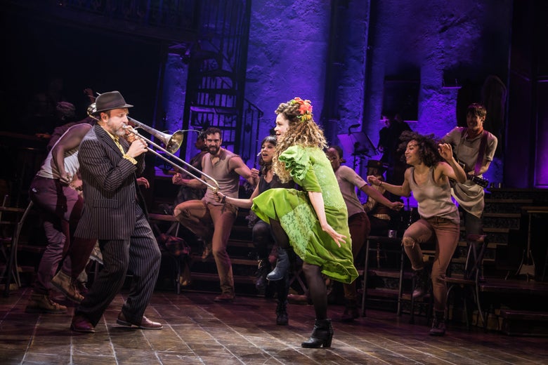 Brian Drye, the trombonist for Hadestown, with Persephone (Amber Gray).