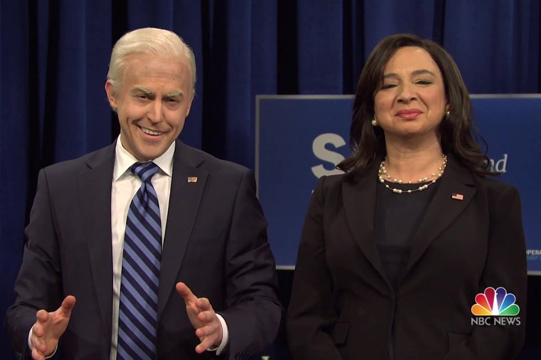 Alex Moffat as Joe Biden, and Maya Rudolph as Kamala Harris, in a still from SNL.