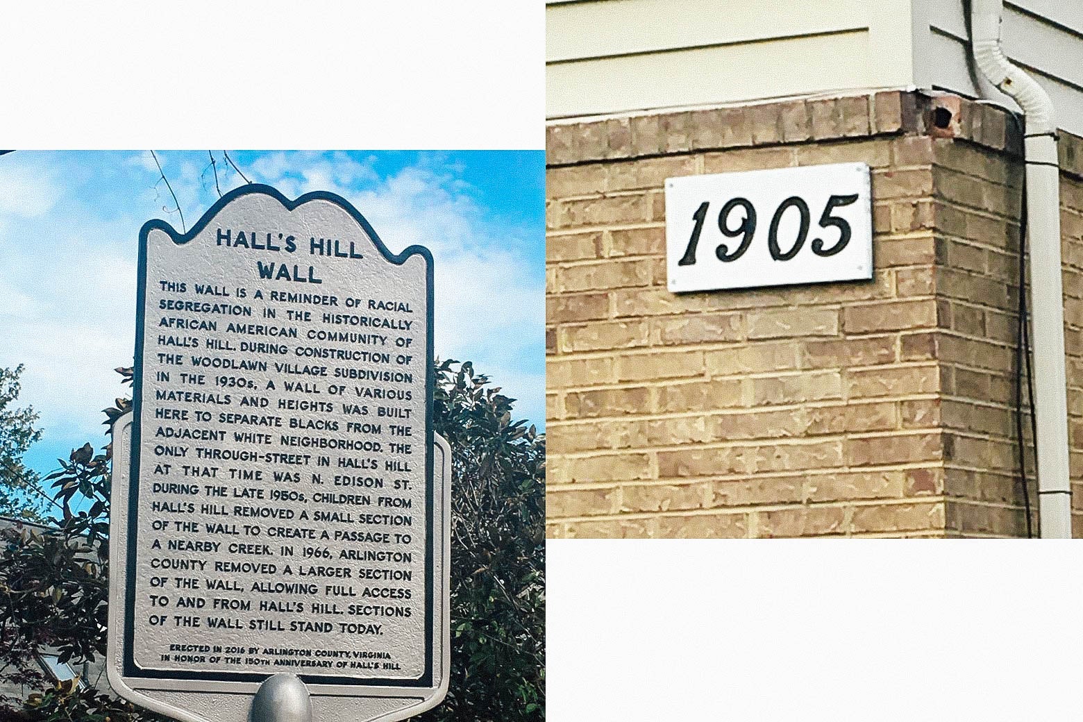 A historical marker telling the story of the Hall's Hill wall, built to separate North Arlington's black neighborhood from the white neighborhood.