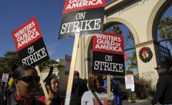 WGA members on strike in 2007 at Paramount Pictures studio in Los Angeles.