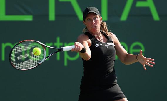 Lisa Raymond of the USA plays a forehand during her doubles match at the Sony Open. 
