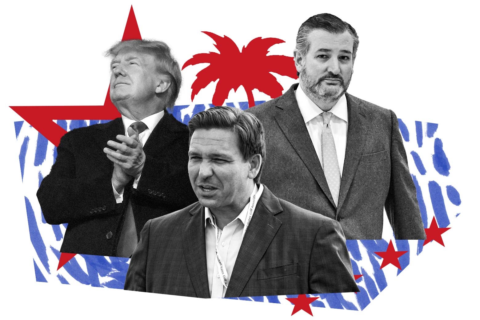Donald Trump, Ron DeSantis, and Ted Cruz.