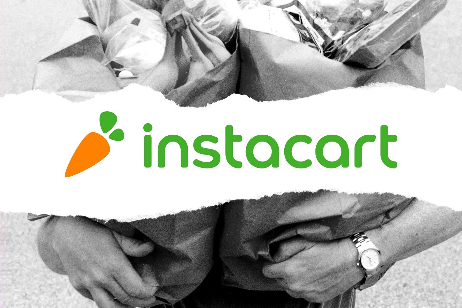 Instacart logo overlaid on a photo of a person holding bags of groceries.
